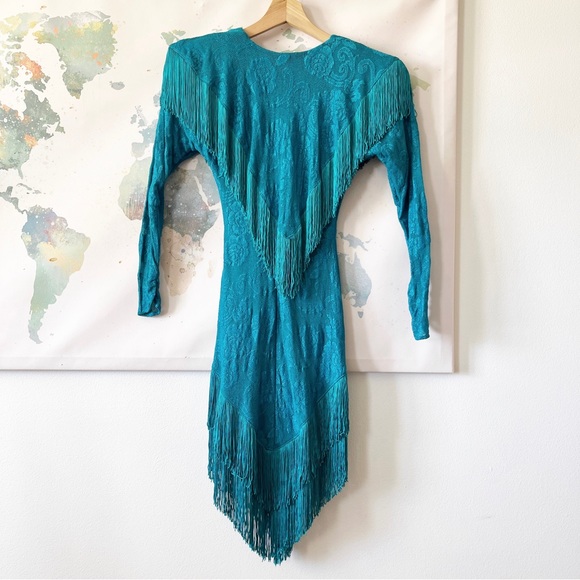 VTG Karen Okada For David Howard Climax Dress Size 3/4 Teal Floral Lace Fringe - Picture 10 of 13